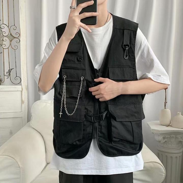 Men'S%20Cargo%20Vest%20Multi%20Pockets%20Sleeveless%20Solid%20Color%20V%20Neck%20Loose%20Match%20Pants%20Zipper%20Chain%20Decor%20Men%20Waistcoat%20Men%20Clothes%20-%20Image%204