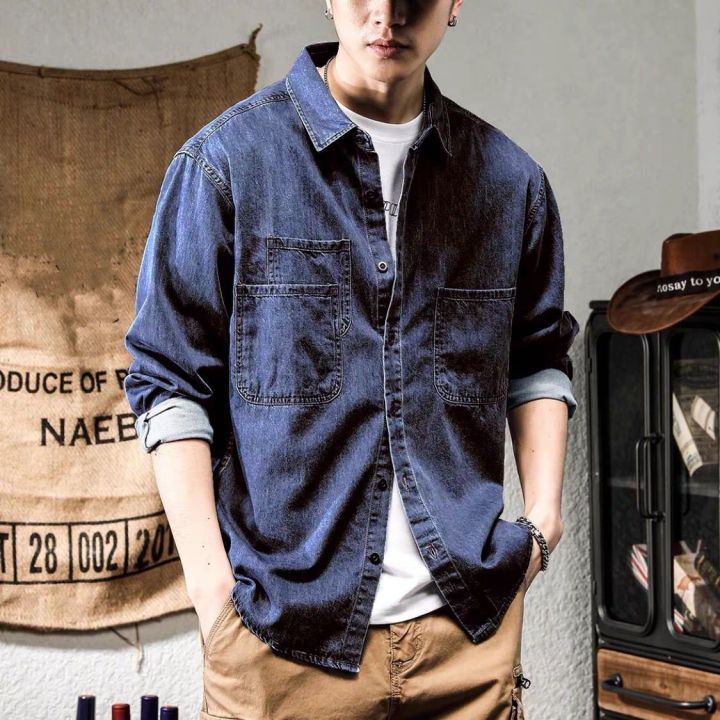 Spring%20and%20Autumn%20Washed%20Denim%20Shirt%20Men's%20American%20Retro%20Casual%20Korean%20Style%20Work%20Clothes%20Loose%20Ruffle%20Cool%20and%20Wild%20Shirt%20-%20Image%203