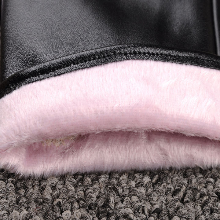 Women's%20leather%20gloves%20autumn%20and%20winter%20outdoor%20bicycle%20cold%20proof%20fashion%20black%20pu%20warm%20fleece%20gloves%20Korean%20version%20-%20Image%203