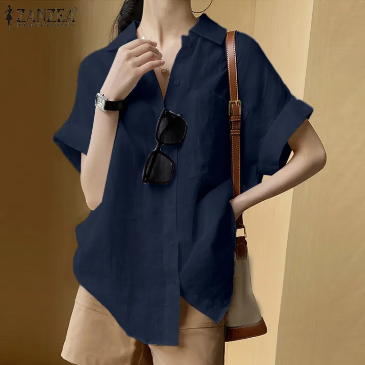 ZANZEA%20Korean%20Style%20Women%20Button%20Up%20Short%20Sleeve%20Shirt%20Summer%20Casual%20Loose%20Cotton%20Blouse%20Tops%20#10%20-%20Image%203
