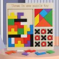 3 In 1 Wooden Jigsaw Block Puzzle Game With Tetris Tangram Tic Tac Toe - STEM Montessori Educational Gift for Kids - Early Learning Tangram Toy. 