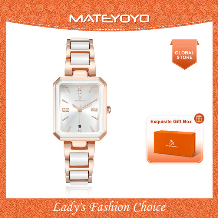 MATEYOYO Ladies Fashion Watch Retro Quartz Watch 30M Waterproof Watch Ceramics Thin Strap Watch Luxury Design Watch Wristwatch with Calender Ladies Clock Square Dial