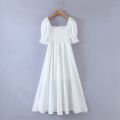 Maxi Dresses For Women 2022 Elegant Square Neck Smocked Summer White Dress Short Puff Sleeve Vacation Beach Long Casual Dress.
