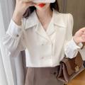 119 Red Shirt Women's Spring Clothes 2022 New Elegant Double Breasted Puff Sleeve Business Shirt Retro Hong Kong Style Top. 