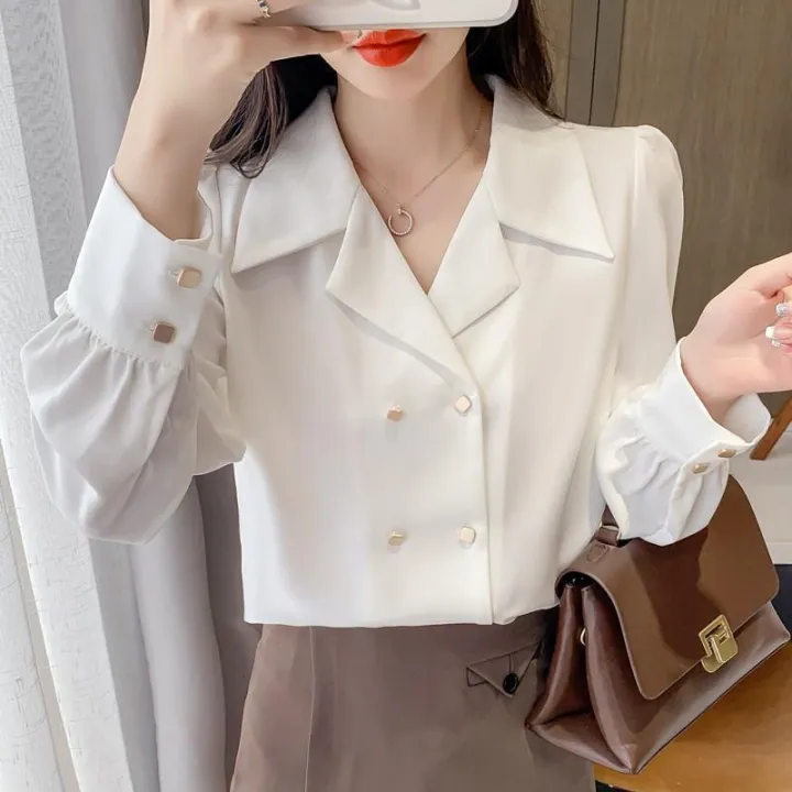 119%20Red%20Shirt%20Women's%20Spring%20Clothes%202022%20New%20Elegant%20Double%20Breasted%20Puff%20Sleeve%20Business%20Shirt%20Retro%20Hong%20Kong%20Style%20Top%20-%20Image%204