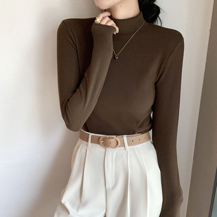Half%20Turtleneck%20Double-Sided%20Dralon%20Bottoming%20Shirt%20Women's%20Autumn%20and%20Winter%20Western%20Style%20Inner%20Wear%20Solid%20Color%20with%20Fur%20Thick%20Warm%20Long%20Sleeves%20Top%20-%20Image%202