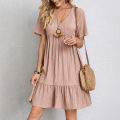 Summer Womens Short Sleeve Mini Dress Ladies Pleated Ruffle Solid Dresses Casual V Neck Vintage Loose Vestidos. 