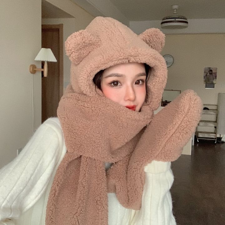 Harajuku Cute Bear Ear Scarf Hijab Hat Gloves Female One-piece Cap Winter Warm Plush Shield Streetwear Ladies Accessories