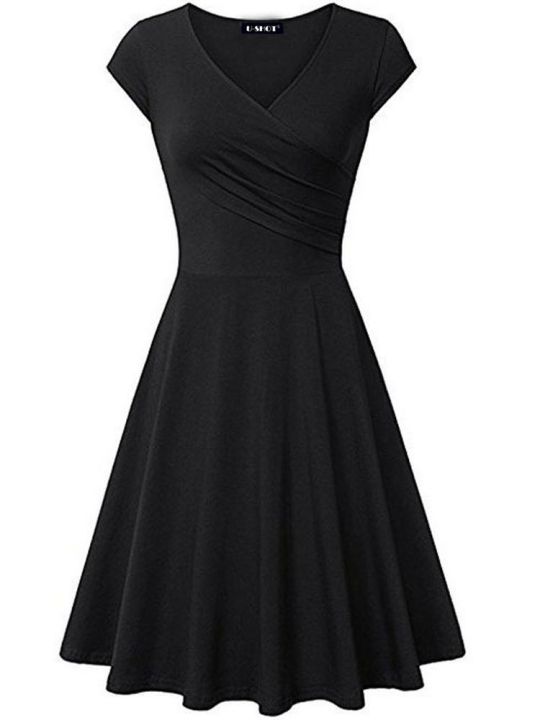 Female Solid Dress Knee-Length Short Sleeve Summer Empire Pleated Dresses A-line V-neck Simple Laides Casual Club Party Dress