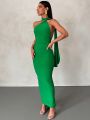Halter Backless Maxi Dresses For Women Summer 2023 Elegant Mermaid Long Party Evening Dress Bandage Ruched Bodycon Dress White. 