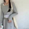 Long Sleeve T-shirts Womens Two Piece Cropped Tops Streetwear Slim Daily Korean Style Ulzzang Chic Tees Female Design Hot.
