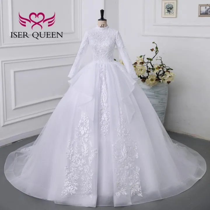 2023 New Arab Muslim Wedding Dress White Color Ball Gown Plus Size Lace Appliques With Beading Bride Dresses For Women WX0327