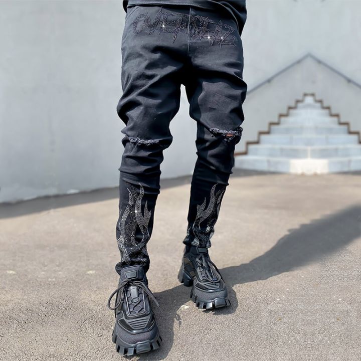 2023 Men's Ripped Hot Drill Jeans Skinny Jeans Black Stretch Denim Pencil Pants MAN Denim Street Punk Slim Fit Biker Trousers