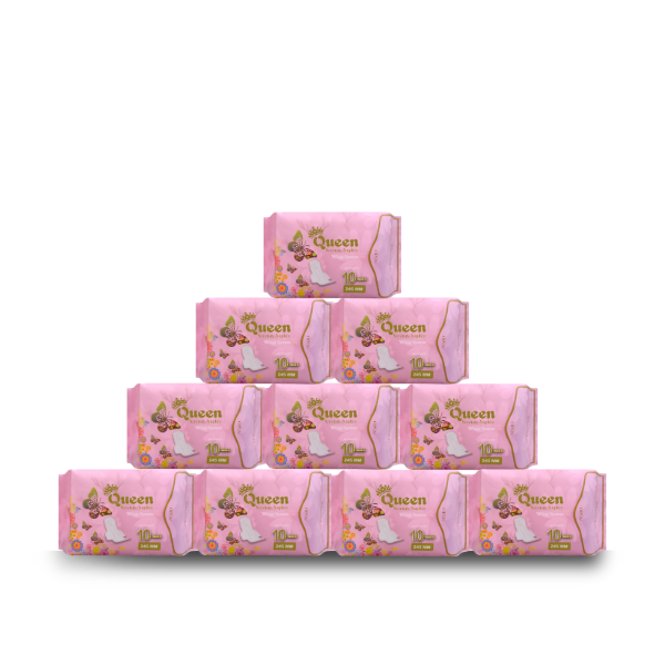 Queen Sanitary Napkin - Wings System - Ultra Thin - 100% Cotton - Combo of 10 Pack - 100 Pads