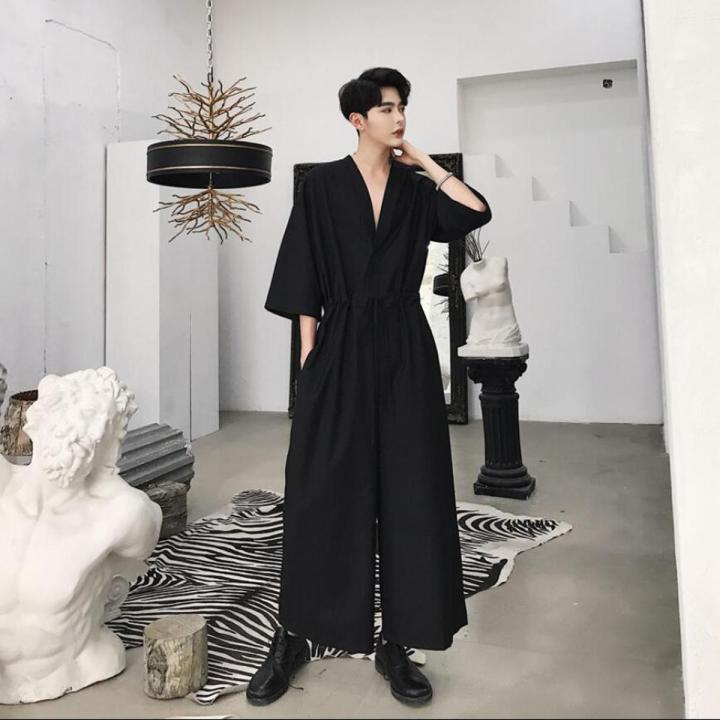 New 2021 Men Casual Jumpsuit Overalls Male One Piece Long Sleeved Loose Jumpsuit Hair Stylist Youth Tooling Wide Leg Pants