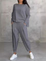 Women Set Long-sleeved Sweatshirt Harem Pants Two-piece Suit Casual Solid Color Pocket Trousers Outfit. 