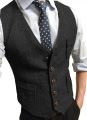 Men's Formal Suit Vest V-Neck Tweed Herringbone Waistcoat Business Dress Suit Vests for Wedding.