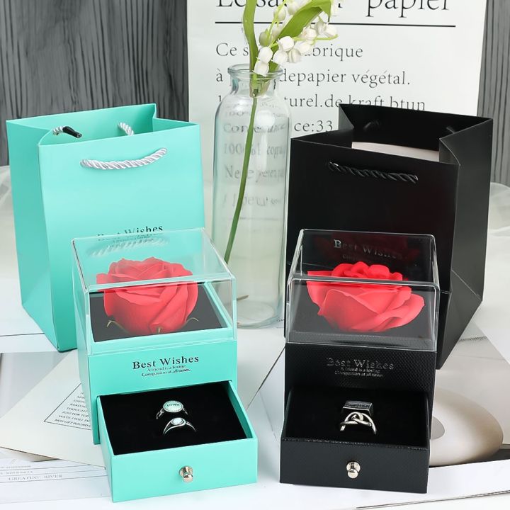 Eternal Rose Flower For Women Christmas Valentine's Day Gifts Packaging Case Romantic Jewellery Jewelry Gift Box 1Set Transparent Acrylic Ring Earrings Necklace Storage Boxes