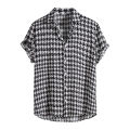 Men's Shirt Summer Leisure Ethnic Cotton Blend Men Shirt Houndstooth Plaid Print Lapel Short Sleeve Shirt Streetwear Top Camisas. 