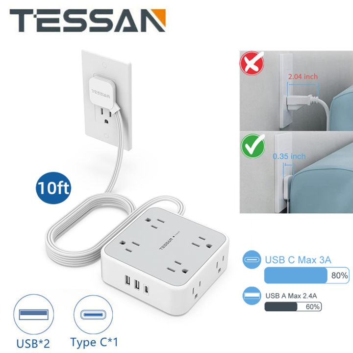 Flat Plug Power Strip With 3 USB Ports - 5FT Extension Cord With Multiple Outlets For Office & Dorm