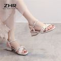 ZHR Women's Chunky Heel Sandals 2024 New Summer Square Head Strap Fairy Style Pearl Strap Women's Mid-Heel Shoes. 