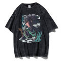 Vintage washed men T-shirts anime demon slayer Kamado tanjirou print t shirt casual shirts tops Y2K clothes.