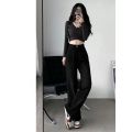Black wide-leg jeans, women's trendy Korean version, loose high-waisted, slim, straight-leg, draped mop pants, ins tide students. 
