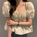 2022 Summer New Korean Style Sweet Gathers Line Square-Cut Collar Puff Sleeve Short Sleeve Shirt for Women. 