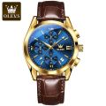 Olevs Elegant Men Fashion Analog Quartz Watch with Brown Leather Strap and Mineral Glass.