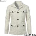 2024 British Style Men's Linen Safari Jackets Fashion Vintage Multi Pockets Cargo Jacket Streetwear Gentry Casual Outerwear Male.
