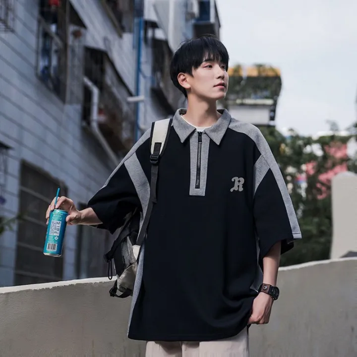 MIXGEORAContrast%20ColorpoloShirt%20Men's%20Summer%20Loose%20Half%20Zipper%20Short%20SleeveTShirt%20Versatile%20Casual%20Polo%20Collar%20T-shirt%20-%20Image%203