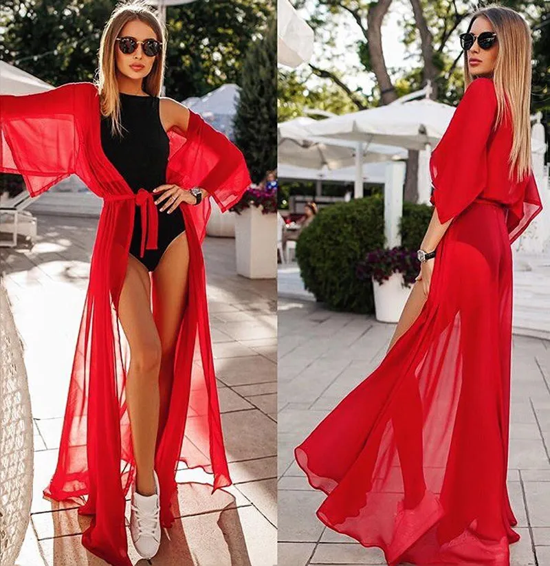 Red Beach Long Dress Summer Women Bikini Cover Up Chiffon