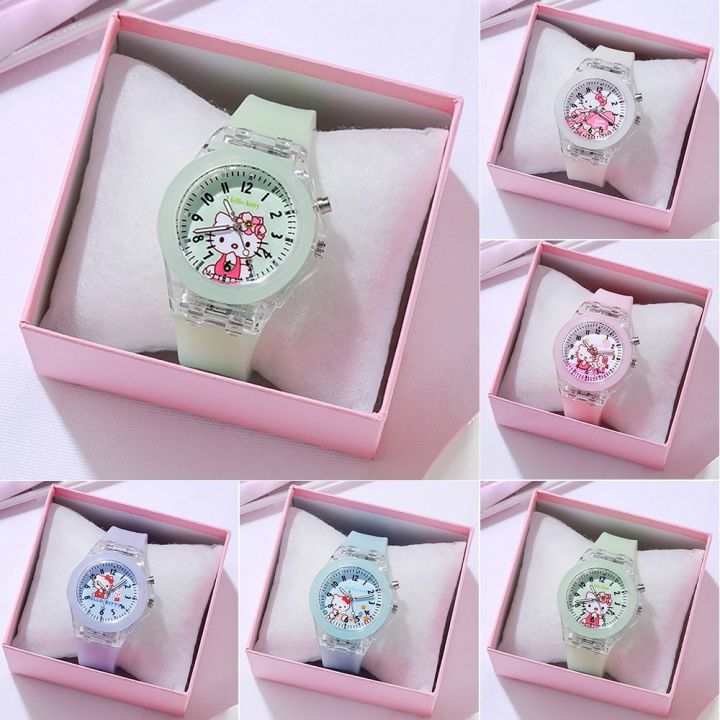 Kingstar123 Children Cartoon KT Cat Luminous Watch Female Student Korea Simple Cute Girl Heart Silicone Strap