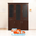 3 door Wall Showcase , Crockery Display Unit, 3 door with 2 drawer Wall Showcase, Display Cabinet To be used indoor in dining rooms (Finish Color -  Reddish brown). 
