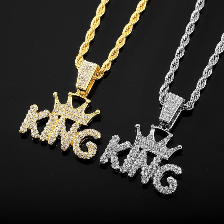 KING Crown Pendant Necklace for Men Punk Letter Necklace for Male Iced Out Stainless Steel Twist Chain Couple Hip Hop Jewelry