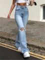 High Waist Blue Ripped Boot Cut Jeans For Women Fashion Stretch Knee Ripped Denim Flared Pants Casual Female Trousers Black 2023.
