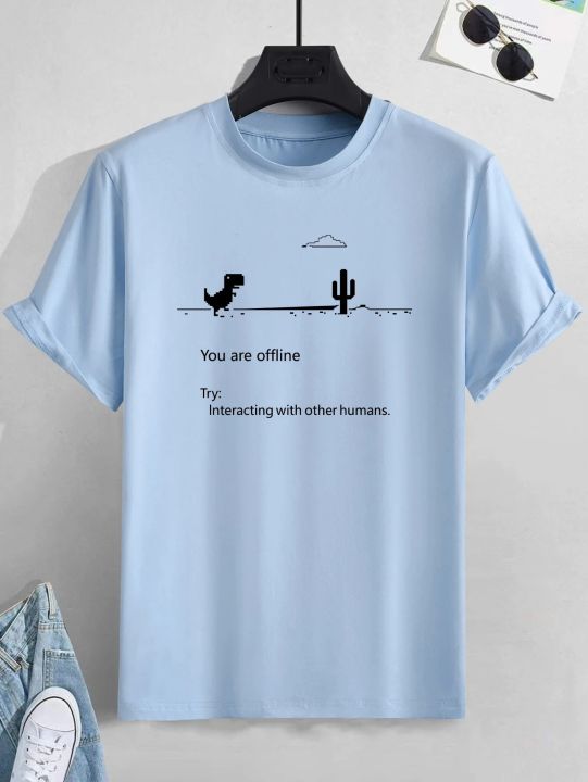 Men's 'You are offline...' Print Stretch T-shirt, Oversized Short Sleeve Tops For Spring Summer, Causal Loose Clothing
