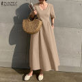 ZANZEA Korean Style Women Fashion Round Neck A-Line Dresses Holiday Party Club Solid Dress #10. 