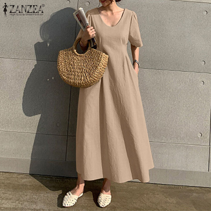 ZANZEA Korean Style Women Fashion Round Neck A-Line Dresses Holiday Party Club Solid Dress #10