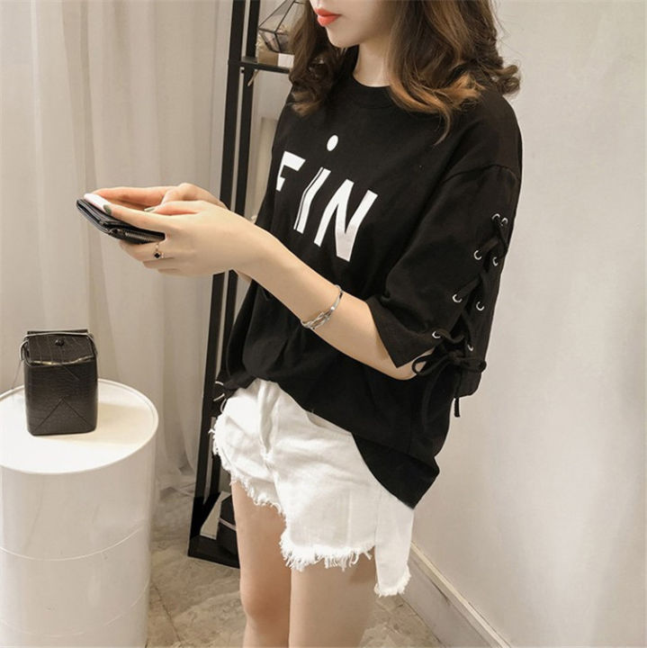Letter Short Sleeve T Women's T-shirt 200 Jin Fat MM2021 Summer Korean Style Women T-shirt Loose Tied Sleeve Top Half Sleeve