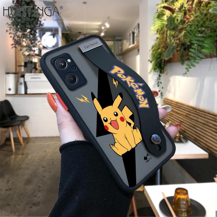 Hontinga for Realme 9I Back Cover With Wristband Cartoon Pikachu Phone Casee Full Lens Protection Thin Frosted Cases