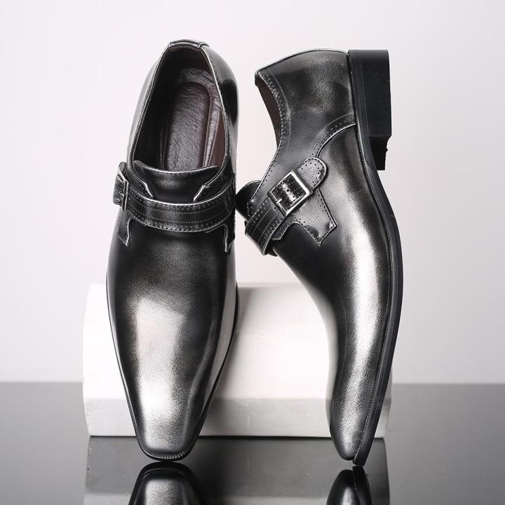 Pointed British Style Men Leather Shoes Buckle Low Heel Shoes