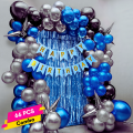 Premium Blue Birthday Decor Set: Banners, Curtains, Metallic Balloons, Pumper, Arch with Glue Dot Tape - Complete Package - (Pack of 66 Pcs). 
