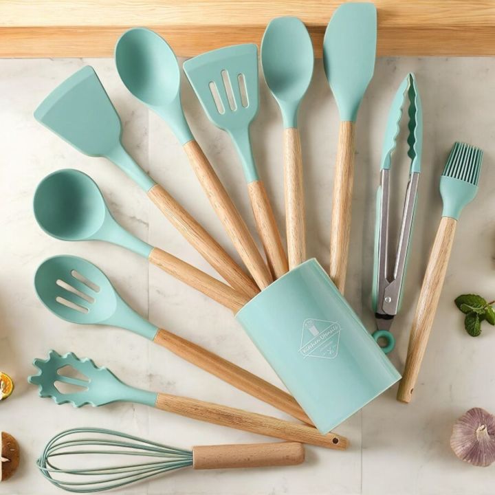 "12-Piece Silicone Kitchen Utensils Set – Multicolor with Wooden Handles – Non-Stick Spatula, Shovel, Spoon – Perfect for Cooking and Serving – Includes Storage Bucket"