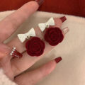Red Flocked Fabric Bowknot Earrings Temperament Sweet Flowers Long Fringe Earrings jingu. 