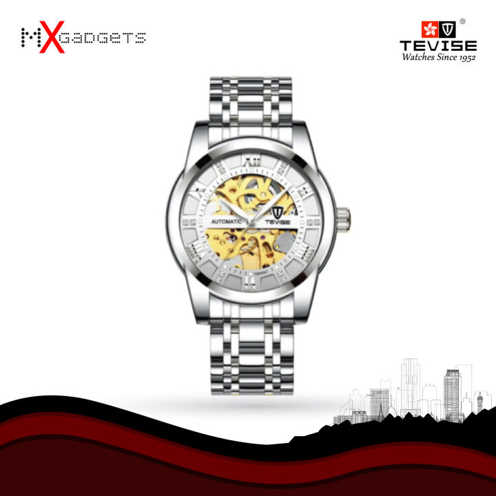 TEVISE T9005A Automatic Skeleton Diamond Scale Luminous Men Mechanical Watch - Silver