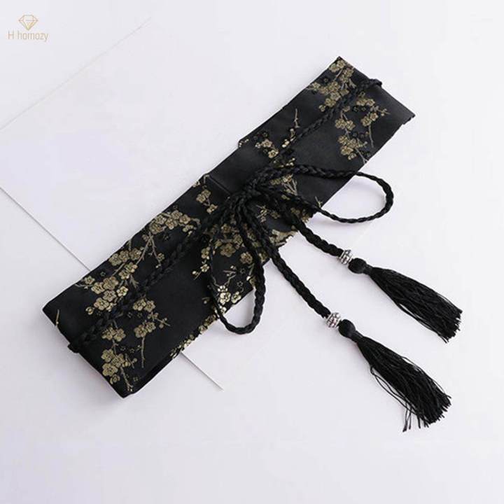 Chinese Women Satin Waist Belt, Kimono Belts Girdle Floral Printed Tied Jewelry Accessories Corset Retro Style Waist Band for Female, Girls , Black Gold
