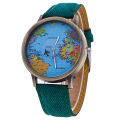 Women's World Map Dial Denim Fabric Strap Analog Quartz Students Wrist Watch. 