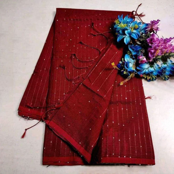 Maroon Colour Half Silk Tangail Tat Chumki Saree For Women No Blouse Piece - Sari - Saree - শাড়ি