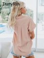 Women Elegant Solid Blouse and Shirt Summer Short Sleeve Turn Down Collar Loose Tunics Luxury Chic Blouse Streetwear Tops 2023.